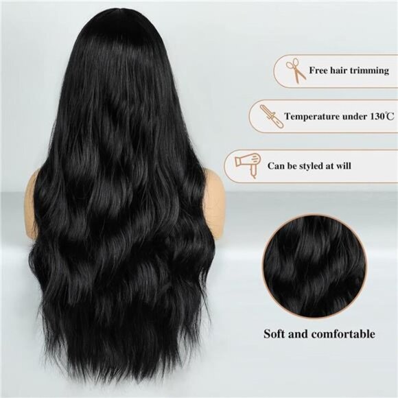Black Wig Long Wavy Wig For Women Middle Part Wavy Wigs Synthetic Heat Resistant - Picture 4 of 4